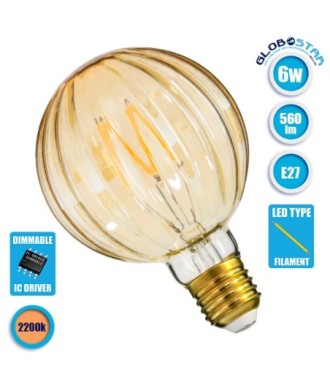 GLOBOSTAR® WATERMELON 99162 Λάμπα E27 W90 LED 6W 560lm 360° AC 220-240V IP20 Ultra Θερμό Λευκό 2200K Dimmable - Zig Long Filament Chip - Μελί - Μ9.5 x Π9.5 x Υ14cm - 3 Χρόνια Εγγύηση